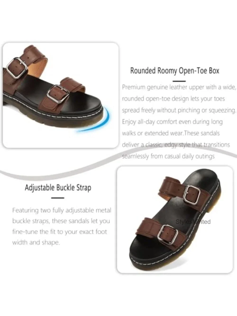Women's Genuine Leather Platform Wedge Sandals Double Adjustable Buckles Slip